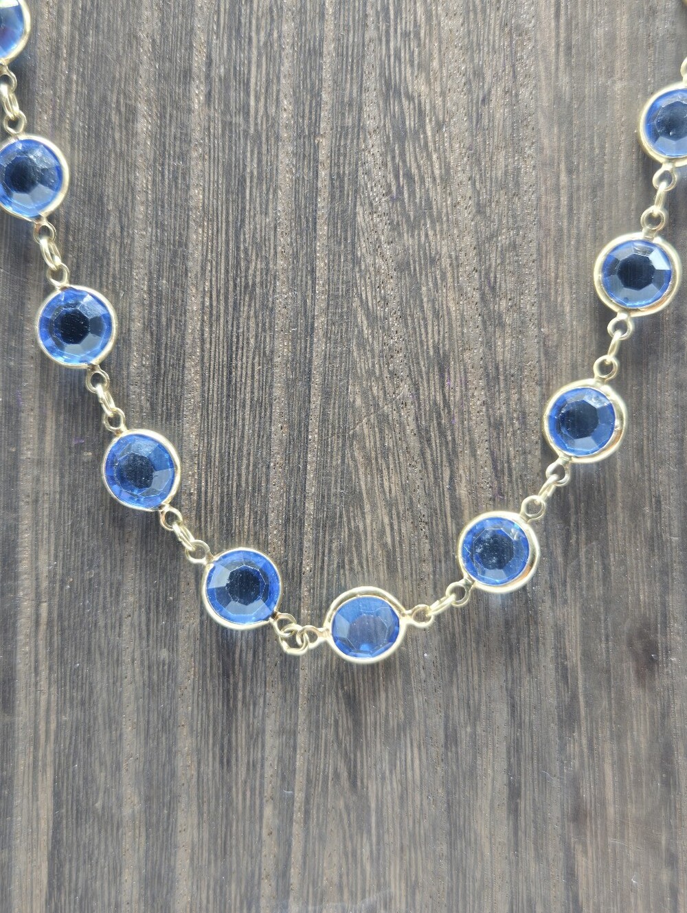 Gold Tone Blue Crystal Bezel Necklace Window Pane Statement Costume Fashion Vtg